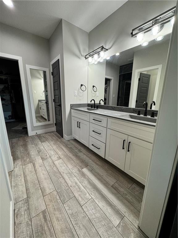 bathroom with hardwood / wood-style flooring and vanity