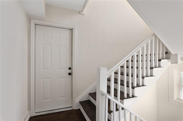 staircase featuring wood-type flooring