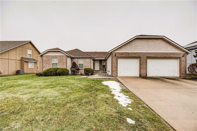 single story home with central AC unit, a garage, and a front lawn