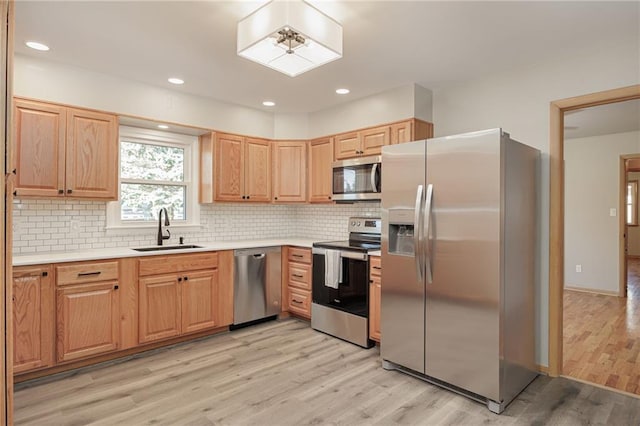 kitchen with light wood-type flooring, appliances with stainless steel finishes, sink, and tasteful backsplash