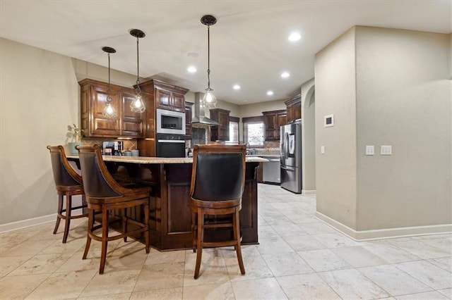 bar with backsplash, wall chimney exhaust hood, pendant lighting, and appliances with stainless steel finishes