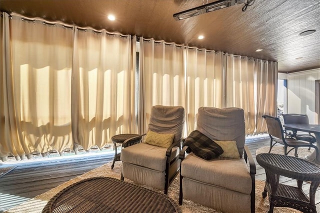 interior space featuring wooden ceiling and hardwood / wood-style flooring