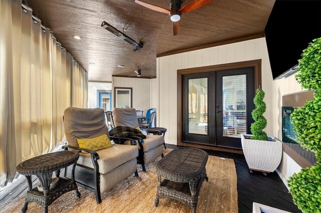 interior space featuring french doors, wooden ceiling, ceiling fan, and light hardwood / wood-style flooring