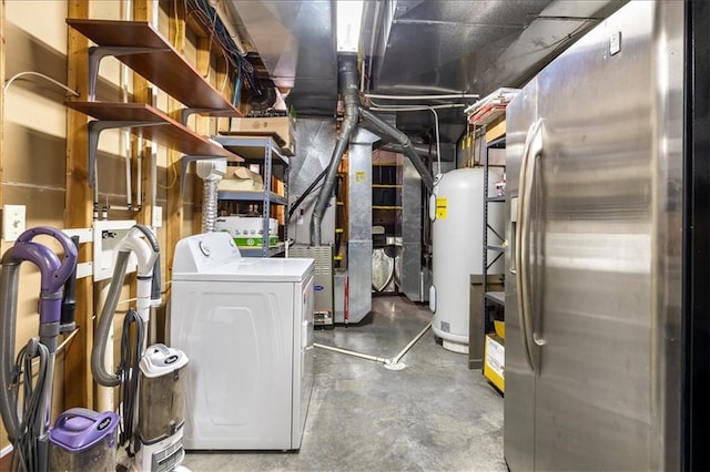 utility room with water heater, washer / clothes dryer, and heating unit