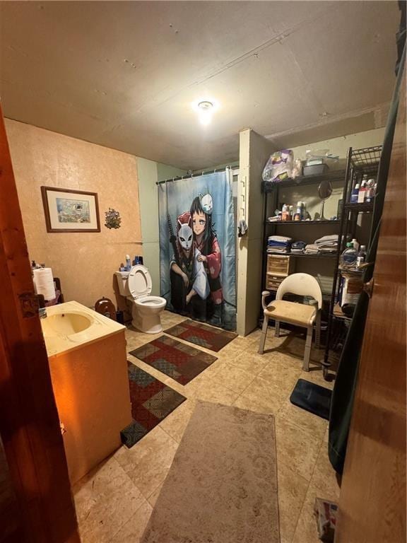 bathroom featuring toilet, vanity, and a shower with shower curtain