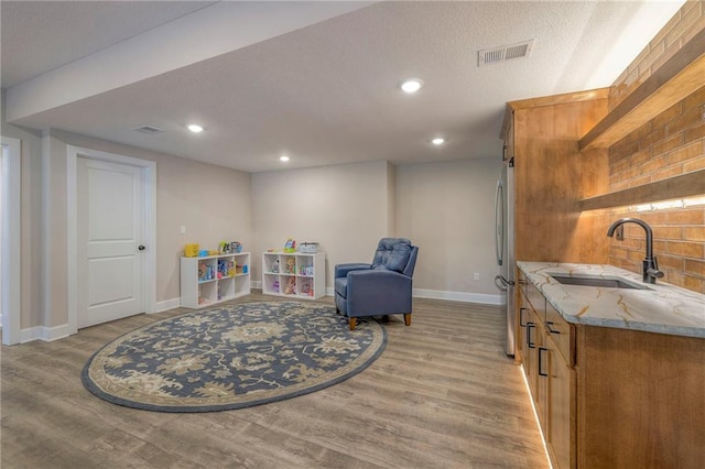 living area with sink and light hardwood / wood-style flooring