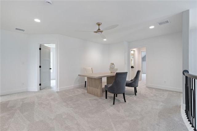 home office with light colored carpet and ceiling fan