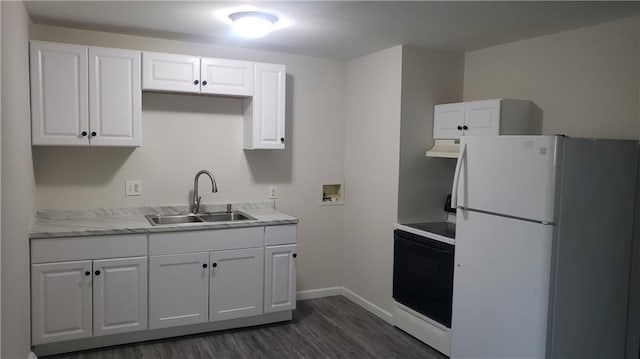 kitchen featuring white cabinetry, sink, white appliances, ventilation hood, and dark hardwood / wood-style flooring