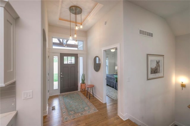 foyer entrance featuring light hardwood / wood-style flooring and a tray ceiling