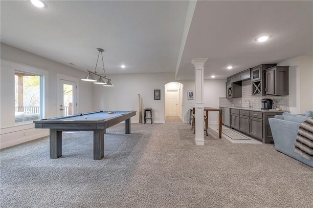 playroom with pool table, light carpet, and indoor wet bar