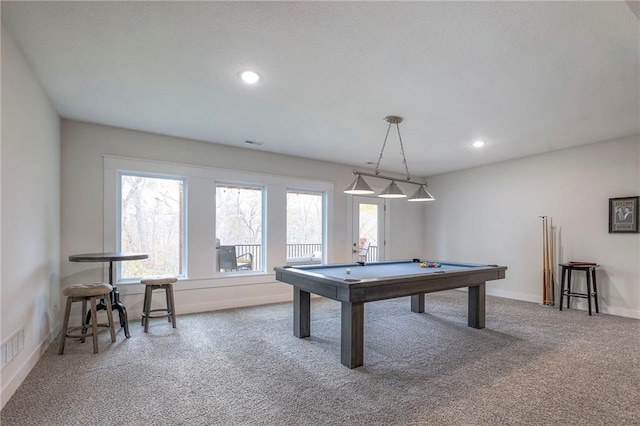 recreation room featuring billiards and carpet