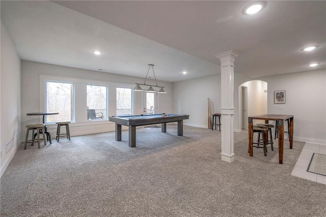 playroom with pool table, light colored carpet, and decorative columns