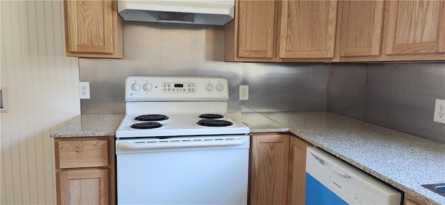 kitchen featuring light stone countertops, exhaust hood, stainless steel dishwasher, and electric stove