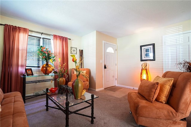 carpeted living room featuring a textured ceiling