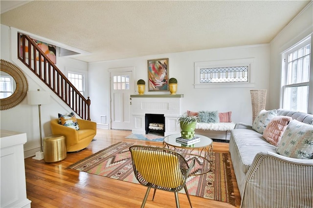 living room with a fireplace, light hardwood / wood-style flooring, a textured ceiling, and crown molding