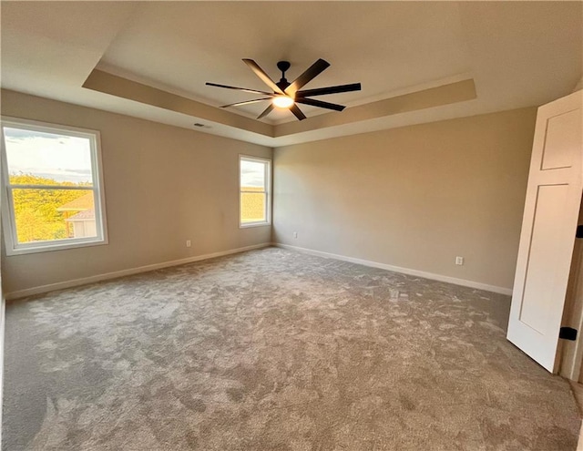 spare room with a raised ceiling, ceiling fan, and carpet flooring