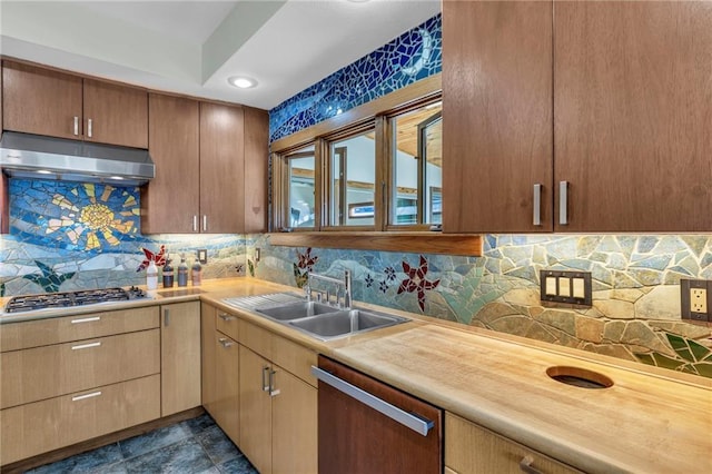 32225 W 88th St, De Soto, KS 66018 - kitchen featuring tasteful backsplash, under cabinet range hood, appliances with stainless steel finishes, light countertops, and a sink