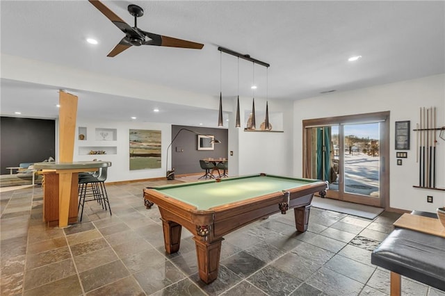 32225 W 88th St, De Soto, KS 66018 - game room featuring ceiling fan, billiards, stone tile flooring, and recessed lighting