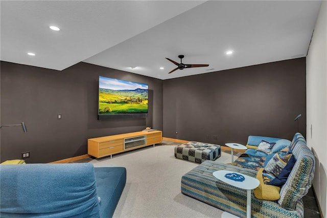32225 W 88th St, De Soto, KS 66018 - home theater with carpet flooring, baseboards, a ceiling fan, and recessed lighting