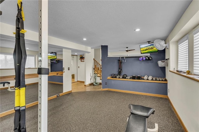 32225 W 88th St, De Soto, KS 66018 - workout area with a wealth of natural light, recessed lighting, baseboards, and ceiling fan