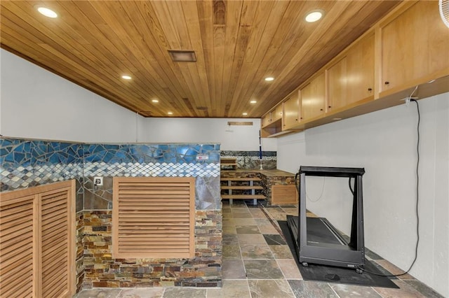 32225 W 88th St, De Soto, KS 66018 - interior space featuring wooden ceiling, stone tile flooring, and recessed lighting