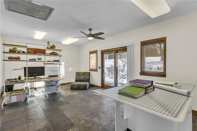 32225 W 88th St, De Soto, KS 66018 - office featuring stone finish flooring, baseboards, a ceiling fan, and visible vents