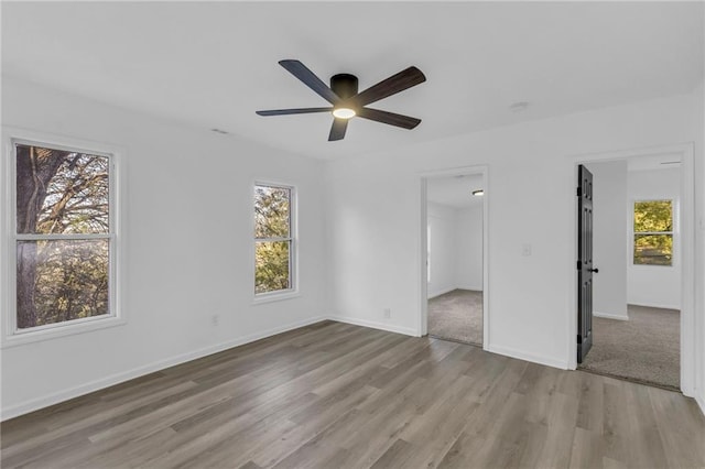 empty room featuring ceiling fan and light hardwood / wood-style flooring