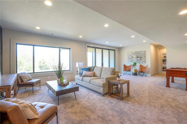 carpeted living room with a textured ceiling