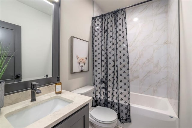 full bathroom featuring toilet, vanity, and shower / tub combo with curtain