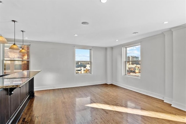 unfurnished dining area with light hardwood / wood-style flooring, plenty of natural light, and ornamental molding