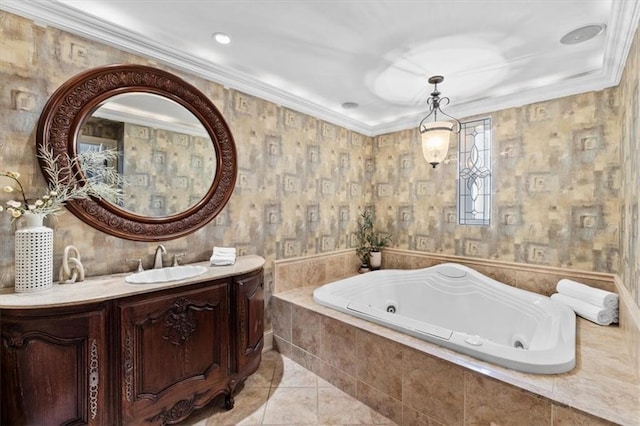 bathroom with crown molding, tile patterned flooring, vanity, and a relaxing tiled tub