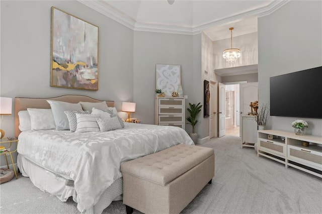 bedroom featuring high vaulted ceiling, light carpet, a notable chandelier, and crown molding