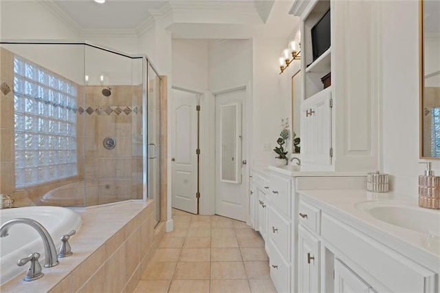 bathroom with vanity, tile patterned floors, plus walk in shower, and ornamental molding