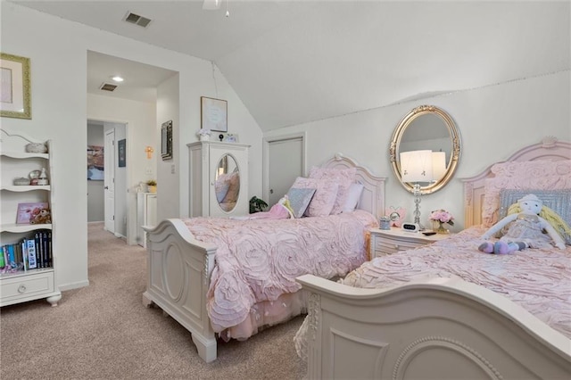 carpeted bedroom featuring vaulted ceiling