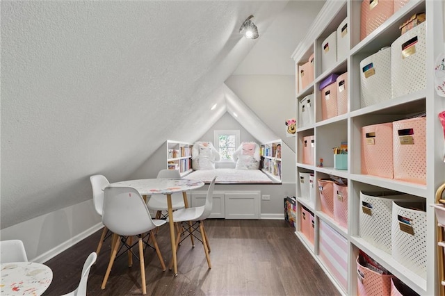 recreation room featuring dark wood-type flooring and lofted ceiling