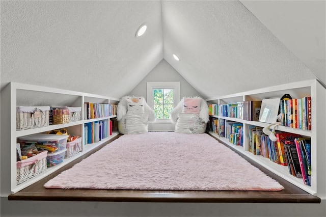 recreation room with a textured ceiling and vaulted ceiling