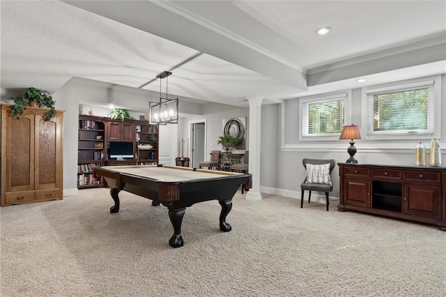 rec room with ornate columns, light carpet, pool table, and crown molding