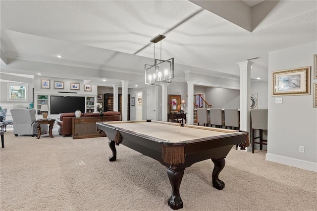 rec room featuring decorative columns, light colored carpet, and billiards