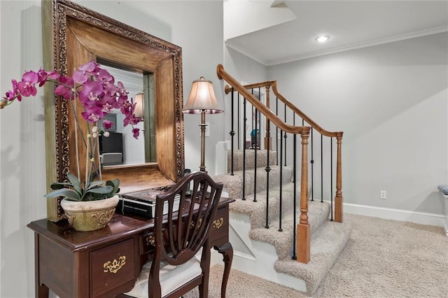 interior space featuring carpet floors and ornamental molding