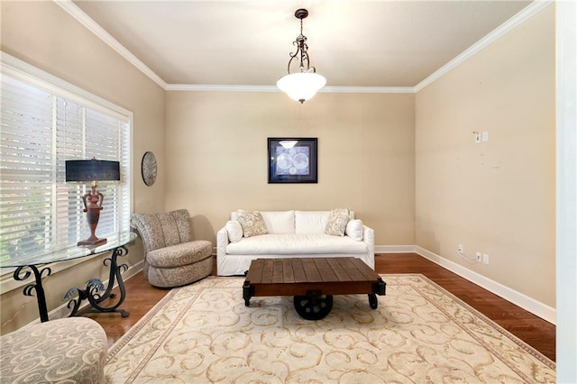 living room featuring wood-type flooring and crown molding