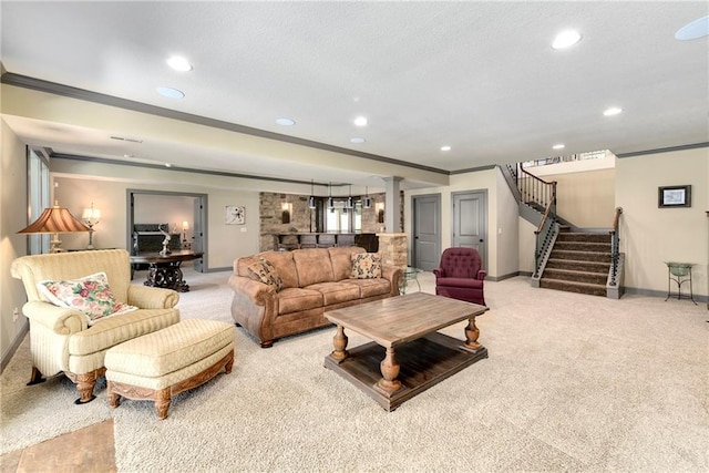 carpeted living room with crown molding