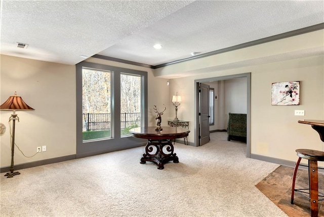 interior space featuring carpet flooring, crown molding, and a textured ceiling