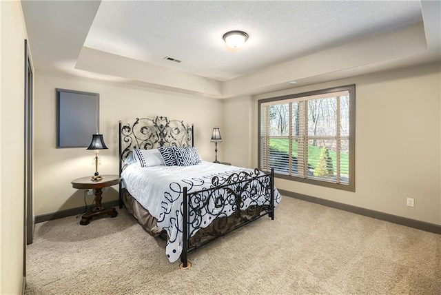 bedroom with a raised ceiling, carpet floors, and a textured ceiling