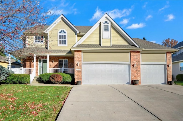 view of front of home featuring a garage, covered porch, and a front lawn