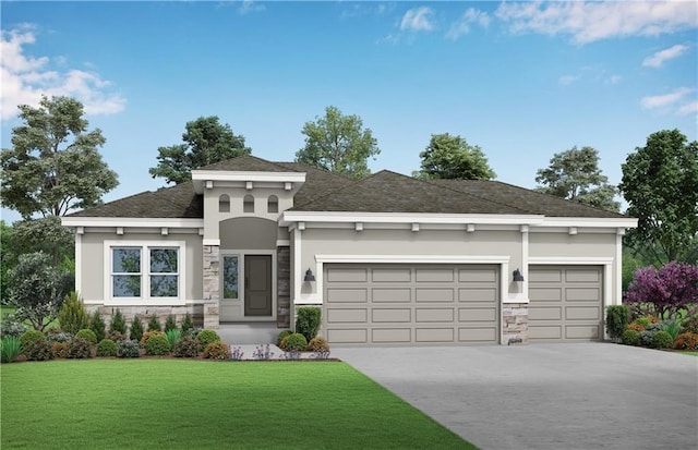 1024 Branchwood Ln, Raymore, MO 64083 - view of front of home with stone siding, stucco siding, an attached garage, a front yard, and driveway