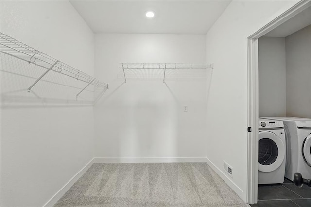 1024 Branchwood Ln, Raymore, MO 64083 - laundry area featuring washer and clothes dryer, recessed lighting, and dark colored carpet