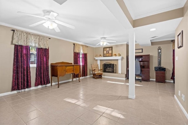 living room with light tile patterned floors, ceiling fan, and crown molding