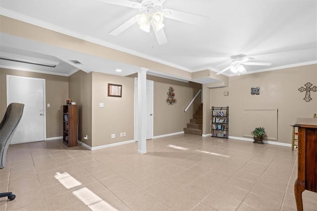 interior space with ceiling fan, ornamental molding, and light tile patterned flooring