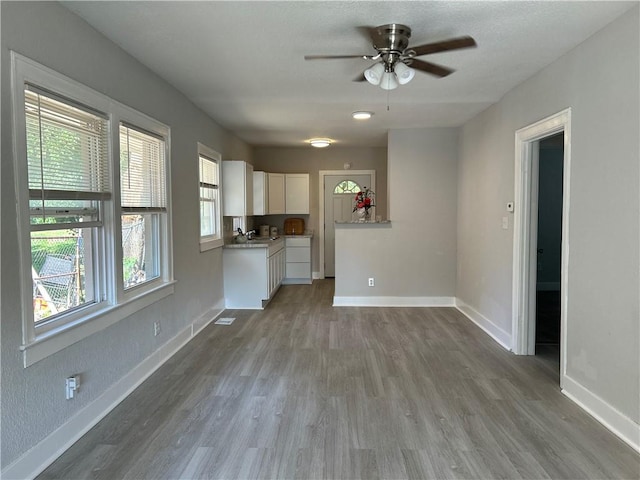 unfurnished living room with a wealth of natural light, ceiling fan, and light hardwood / wood-style floors