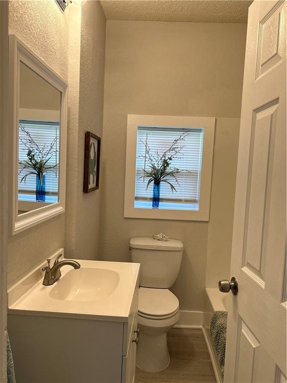 bathroom featuring plenty of natural light, vanity, a textured ceiling, and toilet